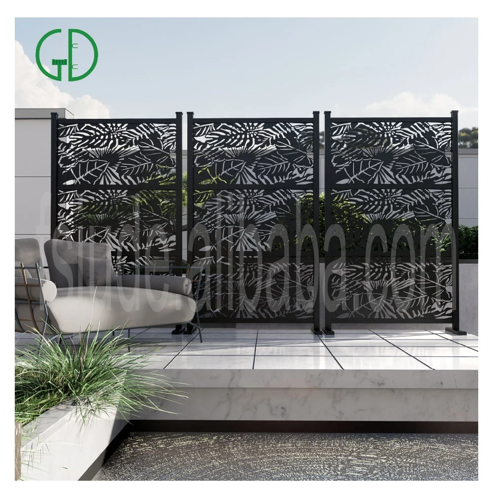GD laser cut fence screen DIY outdoor privacy screen with stand for patio garden metal fence screen