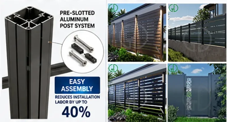 Different types of aluminum fences - picket, panel, and louvered styles