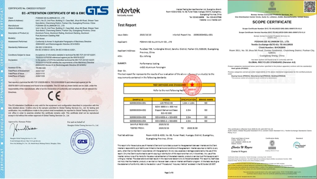 Collage of GRS, CE, and Intertek Test Reports